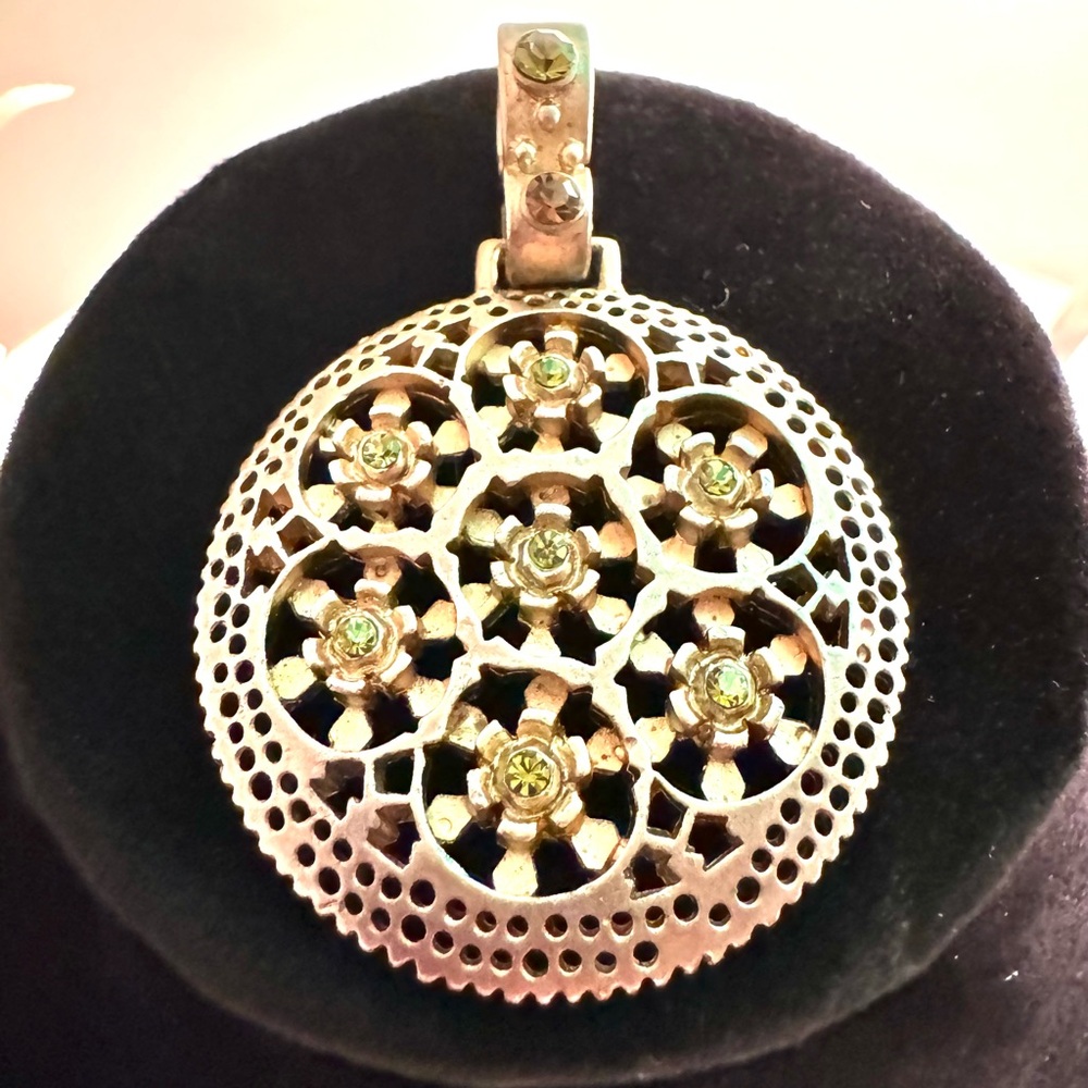 Vintage Jewelry Premiere Designs Bronze Floral Pendant Green Rhinestones Boho
